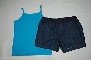 Girls DARK BLUE DENIM SHORTS Elast Waist BRIGHT TURQUOISE CAMI Tank Top XL 14-16 - Picture 1 of 1