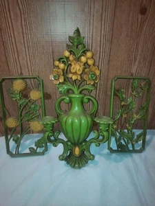 3 Piece Vintage MCM DART Wall Art Double Sconce Flowers Plaques 19" USA - Picture 1 of 15