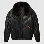 Men Leather V-Bomber Jacket Puffer Fox Fur Double Goose Lambskin Zipper Coat Uk