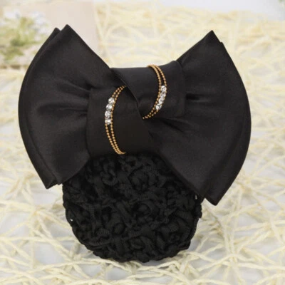 Women Bow Hair Ribbon BunCover Satin Net Bank Hotel Stewardess Hair Pin Headband - Image 1 of 4