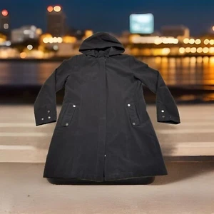 Nuage Long Jacket Women's LARGE Black Full Zip Hooded Windbreaker Trench Coat - Picture 1 of 11