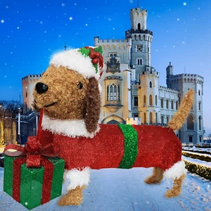28" Long Christmas Dog Decoration with Lights,Xmas Dachshund with Hat Take a Gif - Picture 1 of 9