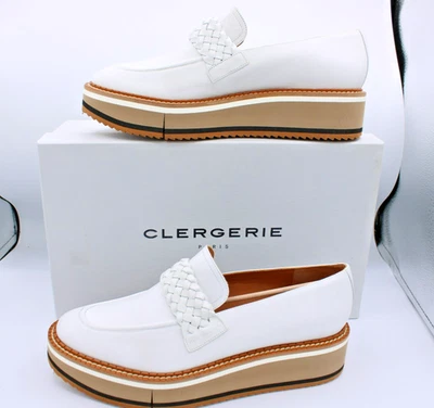 Clergerie Paris Baldie UE Talla 42 Plataforma Mocasín Cuero Blanco Tejido Zapatos Foto 1 de 4