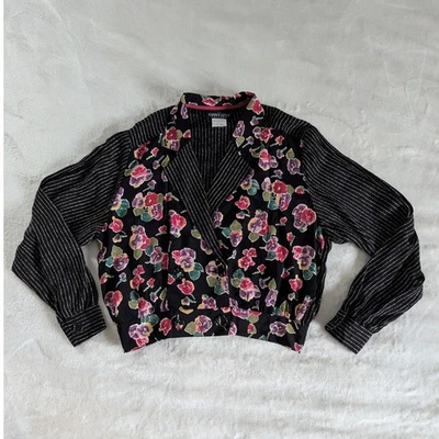 复古 Carole Little Petites 黑色花卉条纹西装外套女式 6 码 — 第 1/4 张图片