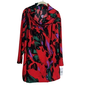 Top tunica donna Calessa 2x rosso stampa multi astratta collo cappuccio manica 3/4 - Foto 1 di 7