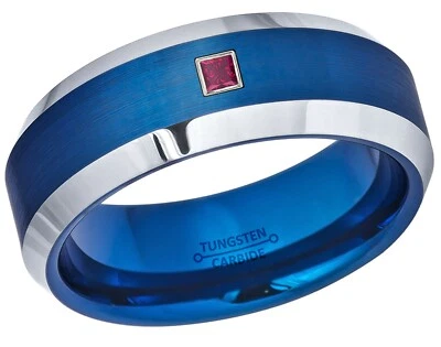 Anillo de boda de tungsteno biselado IP azul de 0,05 quilates con rubí corte princesa, 8 mm #692 Foto 1 de 2