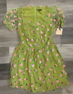 Unique Vintage Smak Parlour Avocado Pink Strawberry Woodstock Flare Dress, Large - Picture 1 of 6