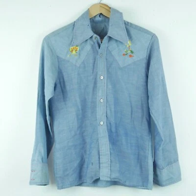 Camisa De Colección XS S Años 70 Cambray Bordada Seta Western THRASHED Hippy Foto 1 de 4