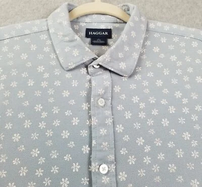 Camisa con botones HAGGAR para hombre grande L azul blanco floral manga corta tejido elástico Foto 1 de 4