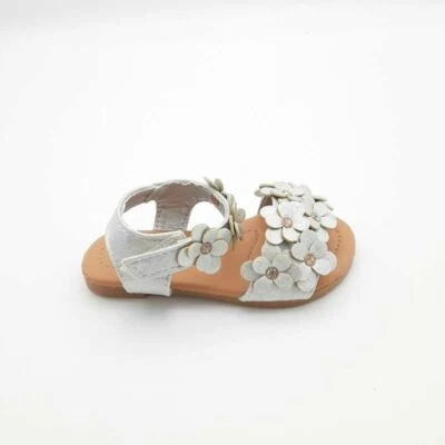 Ositos Girls Flat Sandals Silver Metallic Floral Rhinestones Hook And Loop 1 New - Image 1 of 4
