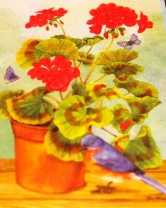 KUNSTFAHNE Garten Blumen rote Geranie & Bluebird Schmetterlinge Frühling NEU 12,5x18 - Bild 1 von 2