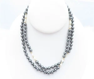 14K Yellow Gold ~6MM Wide Hematite & Pearl Beaded Necklace 30" - Picture 1 of 4