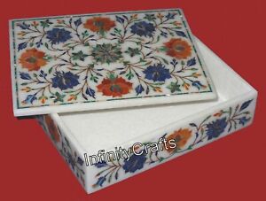 8x6 Inches Rectangle Marble Jewelry Box Multicolor Stone Inlay Work Bracelet Box
