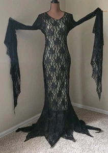 Morticia Wednesday Addams abito fata gotico pizzo scintillante sciarpa manica bodycon sm - Foto 1 di 16