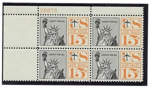 1961 Scotts C63 Statue Of Liberty Air Mail  15c Plate Block of 4 stamps  MNH OG - Picture 1 of 1