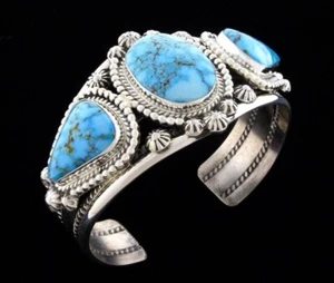 High Grade Natural Kingman Turquoise 3-Stone Row Bracelet By Lucinda Linkin - Picture 1 of 4