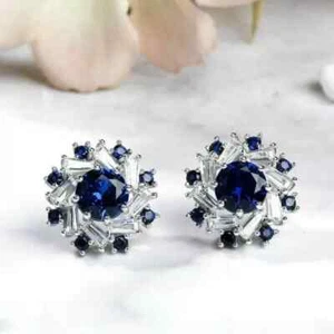 2C Round Cut Lab Created Blue Sapphire Halo Stud Earring 14K White Gold Plated - Picture 1 of 6