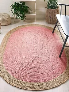 Jute Oval Rug Handmade Area Rug Rustic Look Jute Floor Carpet - Peach + Beige - Picture 1 of 4