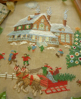 Happy Christmas Life Scene Beautiful Trees Sleigh Needlepoint Canvas Preworked - Image 1 of 4