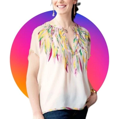 Blusa Top Pluma Brillos Tristán Marfil 100% Seda BCBG Maxazria Mujeres XS S M Foto 1 de 4