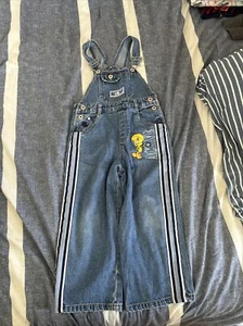 Vintage 90s Looney Tunes Tweety Bird Embroidered Denim Overalls Kids 5 - Picture 1 of 13