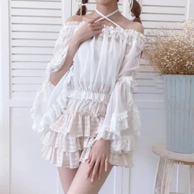 Blusas escolares dulces mangas acampanadas camisas tops de chifón japonesas Lolita para niñas Foto 1 de 4