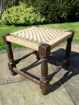 Vintage Oak Woven String Top Square Foot Stool Low Seat Turned Wood Plant Stand - Image 1 of 4
