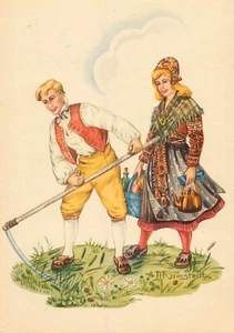 Postcard Traditional Folk Girl Boy Scythe Artist Signed Ramstedt VTG Unposted - Picture 1 of 2