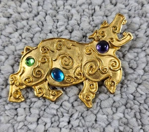 Broche prendedor cabujón de vidrio tono dorado vintage JJ Jonette grande 3" Rhino Hippo - Imagen 1 de 3