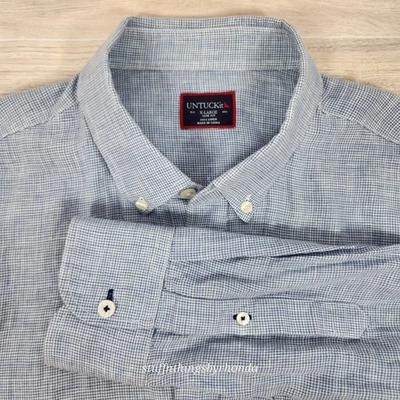 UNTUCKit Shirt Mens 100% Linen Blue Microcheck LS Button Down - XL Slim Fit - Image 1 of 4