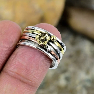 925 Argento Sterling Antistress Spinner Anello Fiore Design Multi Metallo Ansia - Immagine 1 di 4