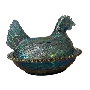 Plato de caramelo Indiana Glass Hen On Nest azul iridiscente vidrio de carnaval #2891 - Imagen 1 de 8