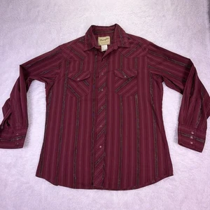 Wrangler Western Fashion Snap Shirt Mens L Maroon Striped Ruby Red Pearl Snaps - Picture 1 of 9