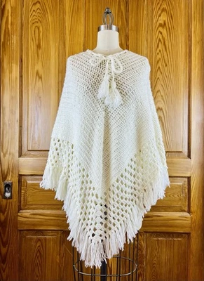 Vintage Handmade White 60s 70s Crochet Knit FRINGE Poncho Cape Hippy One Size - Image 1 of 4
