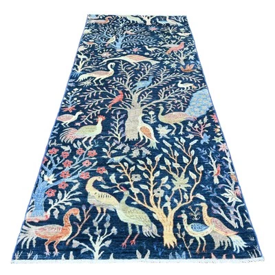 4'1"x'9'9" Blue Afghan Peshawar Birds Design Wool Hand Knotted Runner Rug G20259 - Image 1 of 4