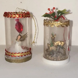 Vintage MCM Christmas Kitsch Pill Bottle Diorama Deer & Angel Ornaments Set of 2 - Picture 1 of 16
