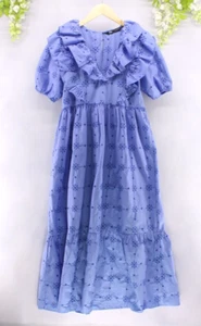 Zara Women's Eyelet Summer Boho Midi Dress Blue Broderie Anglaise Ruffle Sz M - Picture 1 of 6