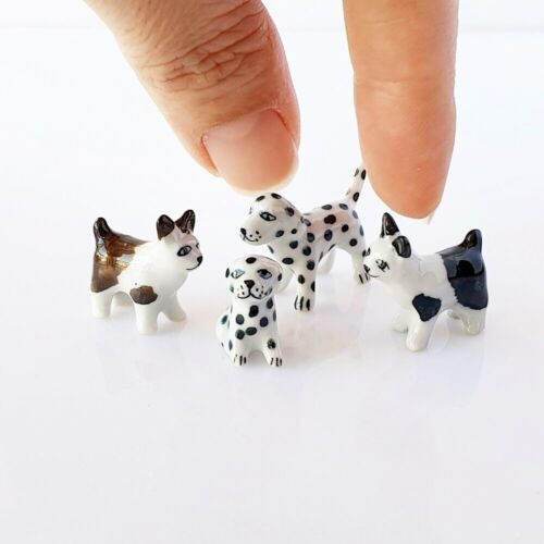 Artisan Handmade Miniatures Ceramic Puppy Dalmatian Tiny Dogs Dollhouse Set 4Pcs
