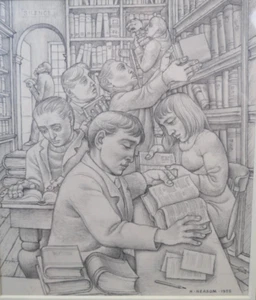 "La Biblioteca." Dibujo original firmado por el artista bien listado, Norman Neasom 1955 - Imagen 1 de 8