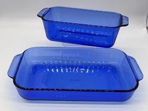 Vintage Anchor Hocking Kobaltblau Glas Kasserolle 2 QT 8” x 11” & Laib 8”x4” - Bild 1 von 16