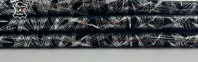 METALLIC SILVER PRINT ON BLACK Soft Italian Goatskin leather 5+sqf 0.7mm C1047 - Image 1 of 4