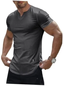 Mens Muscle Slim T Shirt V-Neck Longline Henley Shirt Gym X-Large A Grey1 - Picture 1 of 7