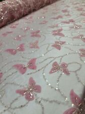 Dusty Pink Embroidered Lace Beaded Butterflies  Fabric By Yard Quinceañera Dress