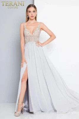 Terani Couture Silver Airy Chiffon A-Line Dress Size 6  - Image 1 of 4