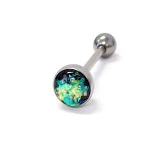 Tongue Ring Opal (Faux) Green 7mm 14 Gauge 5/8" Steel Barbell - Picture 1 of 3