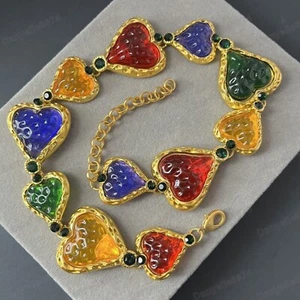 Collar Corazón Gripoix Multicolor Joya Magnate Tono Dorado Resina Vertida Estilo Años 90 - Imagen 1 de 7
