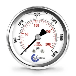 2.5" LIQUID FILLED PRESSURE GAUGE 0 - 3000 PSI, STAINLESS STEEL CASE BACK MOUNT - Picture 1 of 6