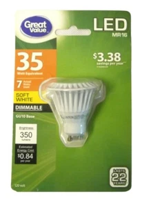 Great Value LED Light Bulb 7W 35W Equivalent Dimmable Soft White GU10 MR16  - Picture 1 of 2