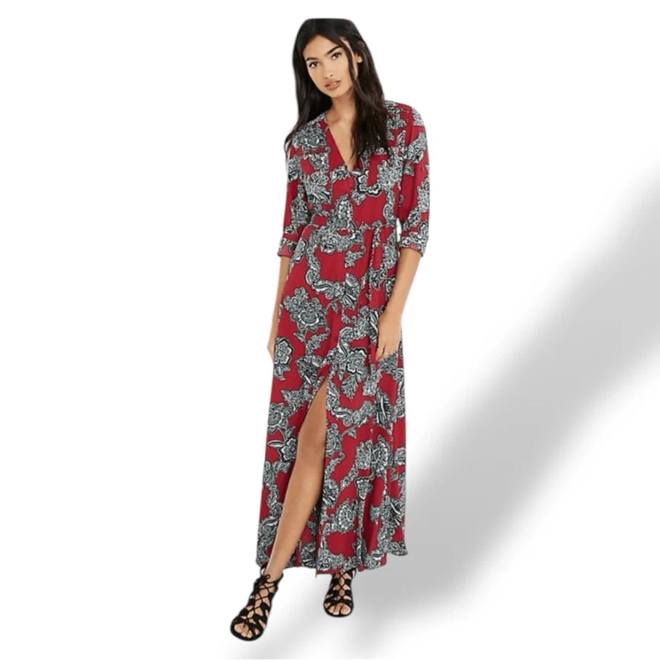 Express красный и черный цветочный макси платье Sz S - Изображение 1 из 4