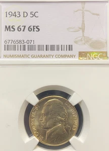 1943 D UNCIRCULATED SILVER 40% JEFFERSON WARTIME NICKEL NGC MS 67 6FS NO RESERVE - Picture 1 of 7